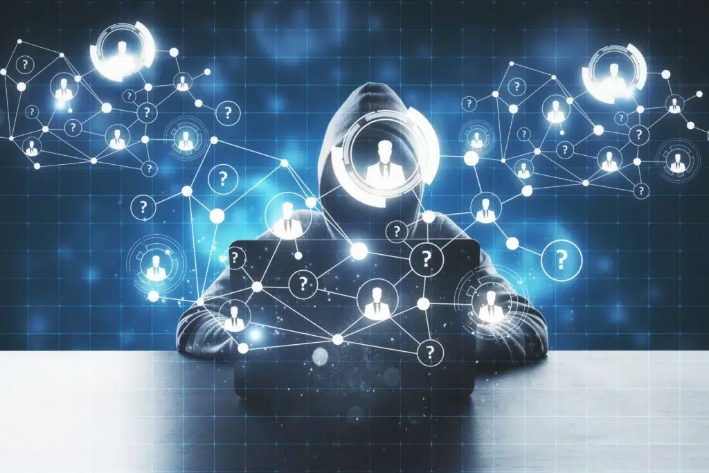 An anonymous hooded figure manipulating a holographic network of business user nodes and question marks over a laptop. This visualization illustrates the complexity of modern ai phishing detection in intercepting scalable and personalized social engineering attacks across enterprise communication channels.