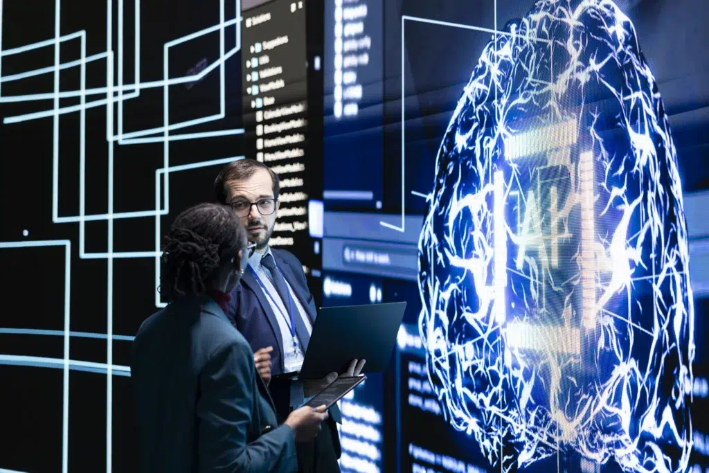 Business leaders discussing AI incident management beside a digital AI brain interface