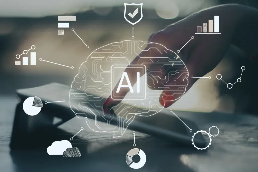 Hand using a tablet with an AI network diagram illustrating AI third party risk management and vendor dependencies