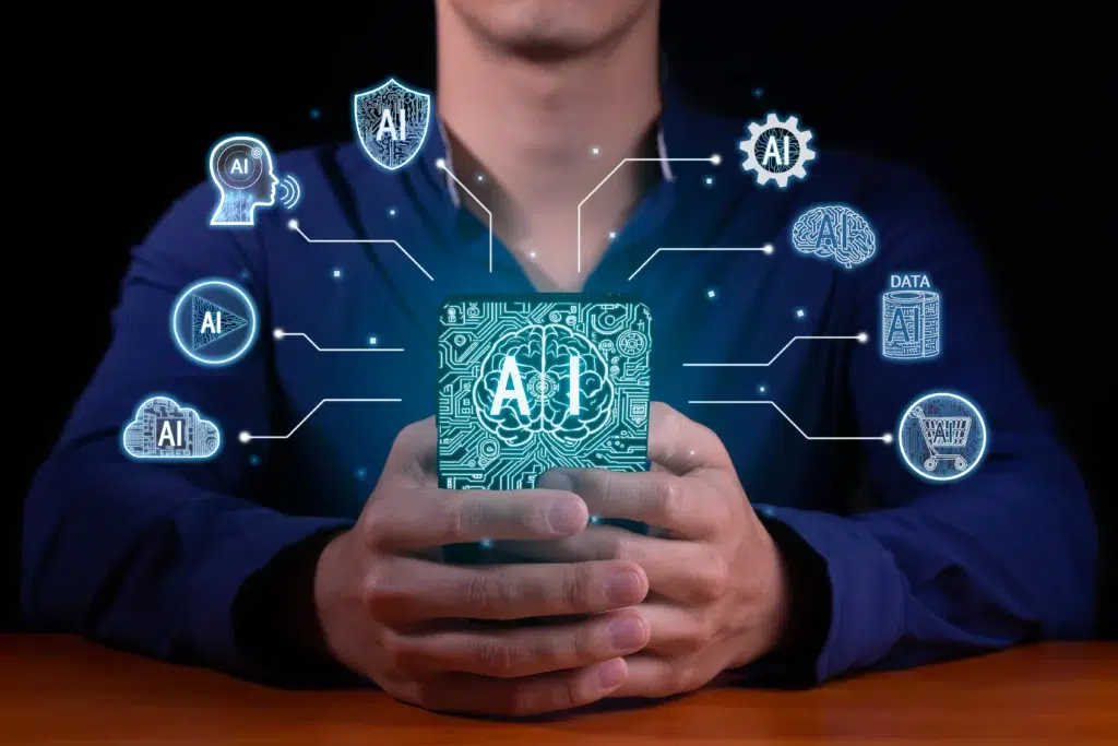 Business professional holding an AI chip surrounded by connected service icons representing AI vendor risk assessment