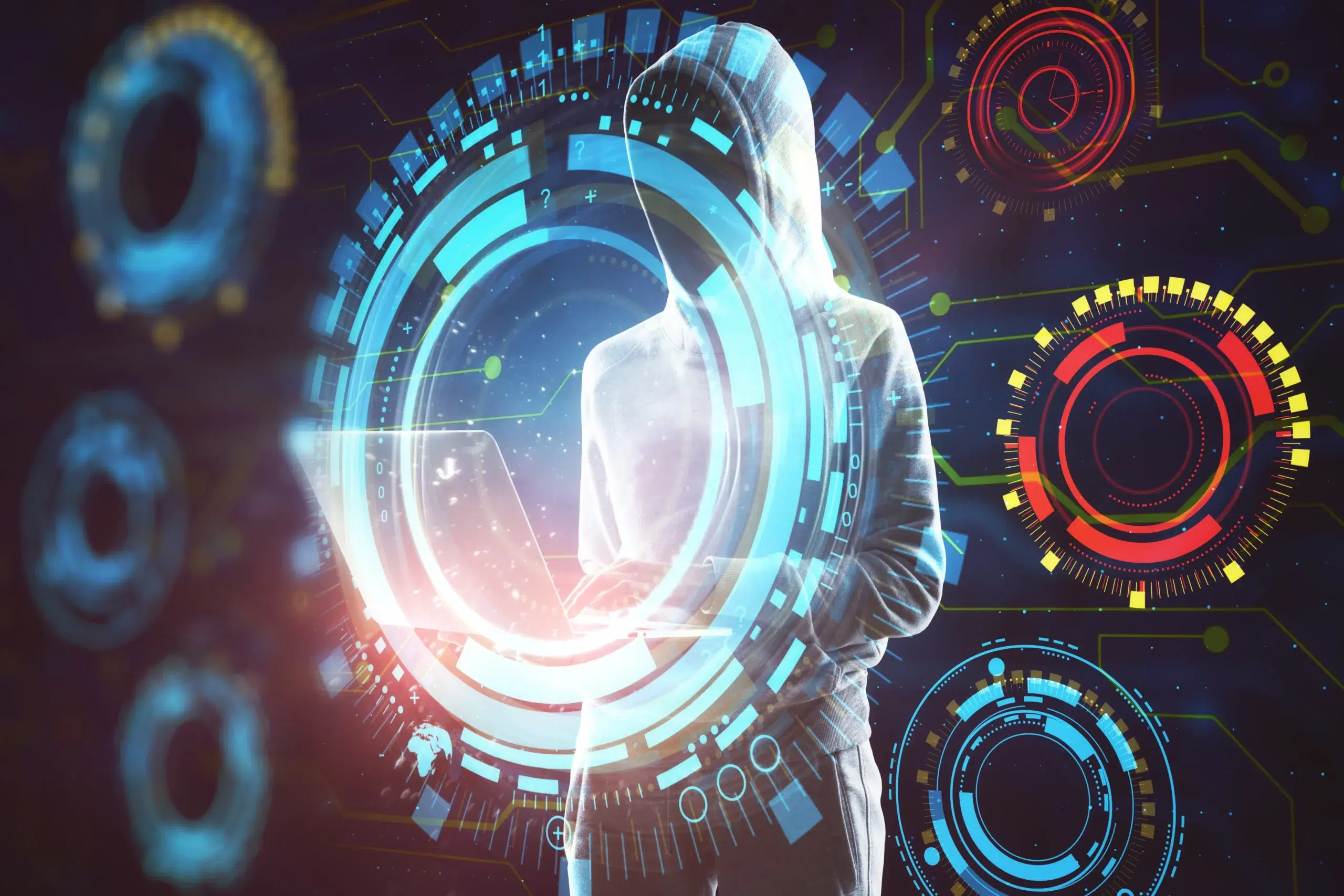 A back view of a hooded figure interacting with multiple translucent blue and yellow circular data interfaces over a laptop. This image represents the analysis of digital footprints and anomaly detection necessary for effective, zero-hour ai phishing detection using behavioral baselining of user communications.