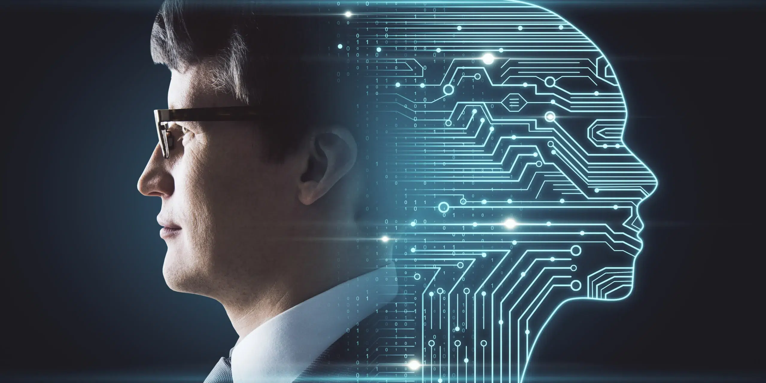 Side profile of a businessman integrated with digital circuits, representing the strategic choice between data anonymization vs data masking for leadership.