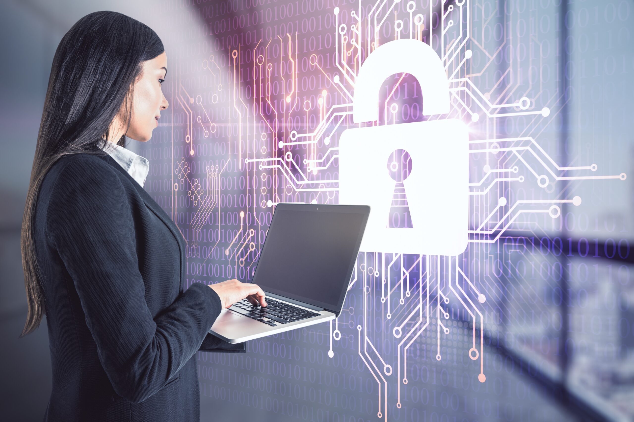 Business professional building a cyber security risk management plan using digital governance tools and threat analysis