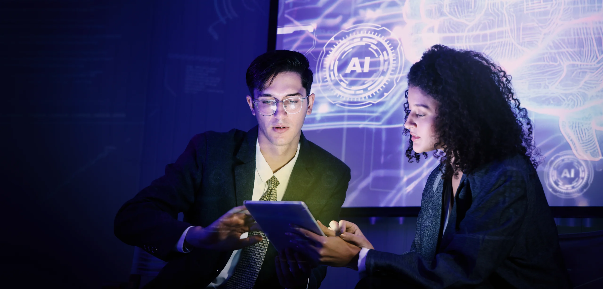 Two business professionals discussing agentic AI governance beside an AI interface
