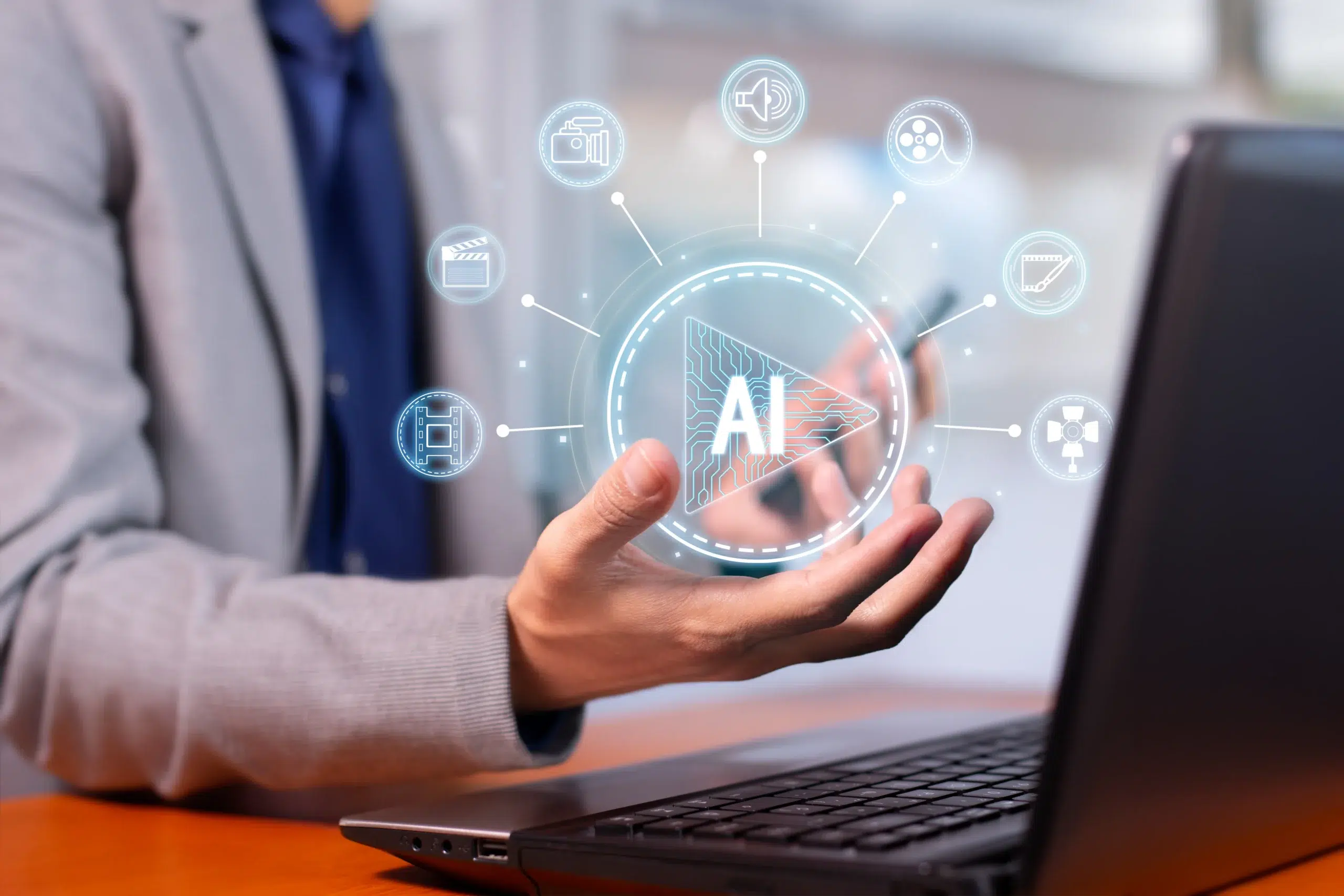 Executive presenting AI technology solutions on an open hand as part of an AI vendor risk assessment review